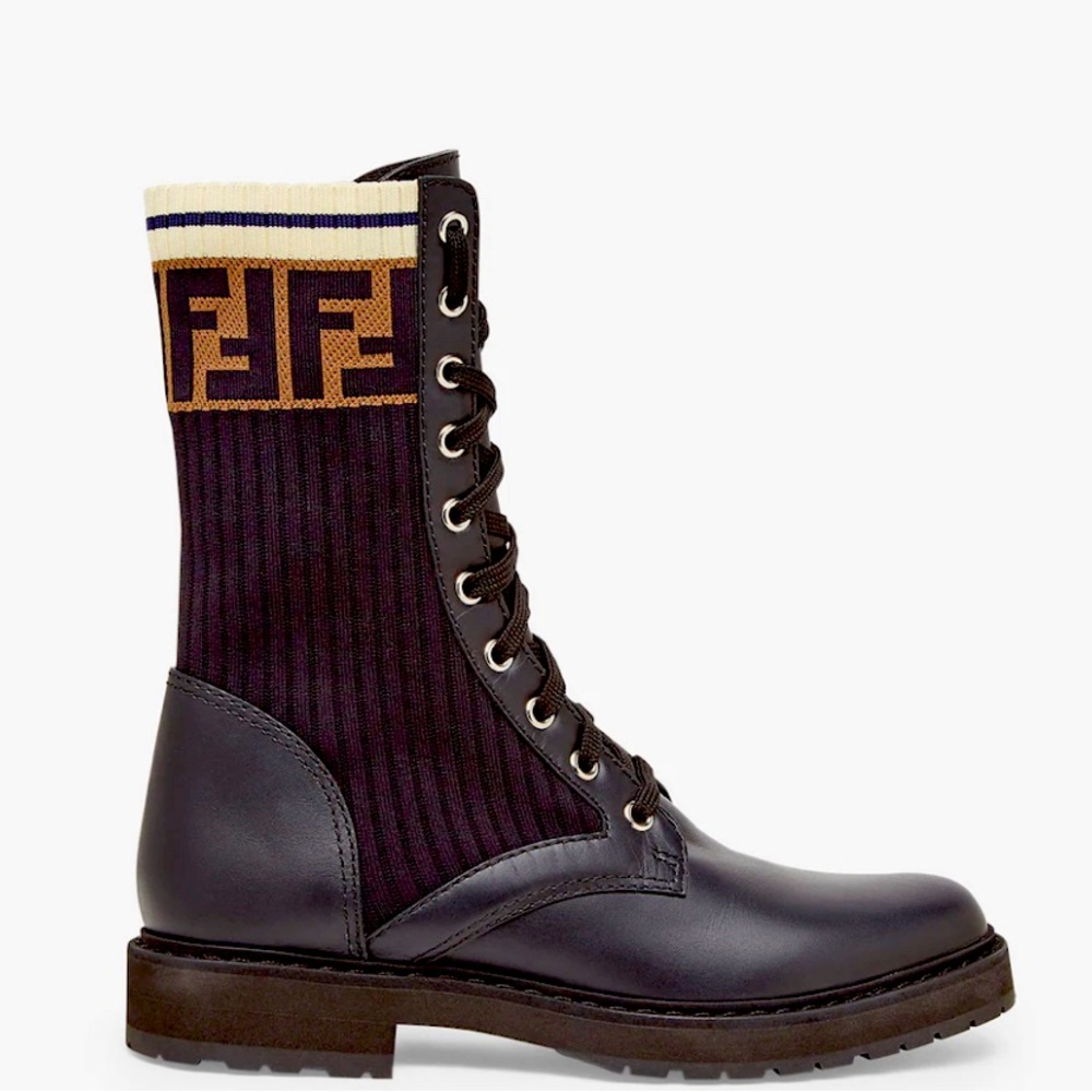 Fendi Black leather biker boots with stretch fabric